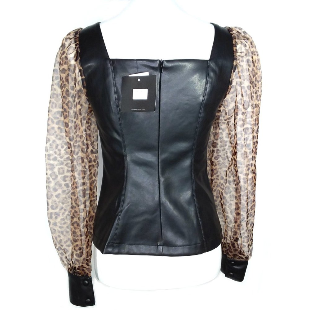 NEW Andrew Marc New York Faux Leather Bustier Top Cheetah Sleeves Size Small - Picture 3 of 6
